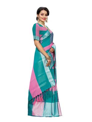 Pink Woven Poly Cotton Saree With Blouse 3