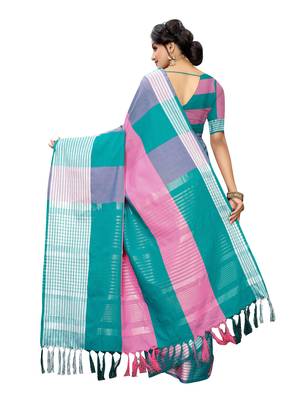 Pink Woven Poly Cotton Saree With Blouse 4