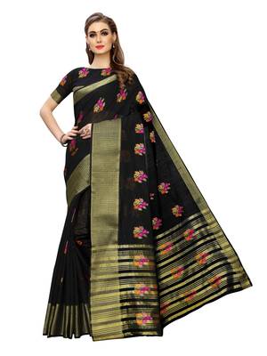 Black Woven Poly Silk Saree With Blouse 1