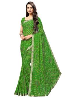 Green printed chiffon saree with blouse