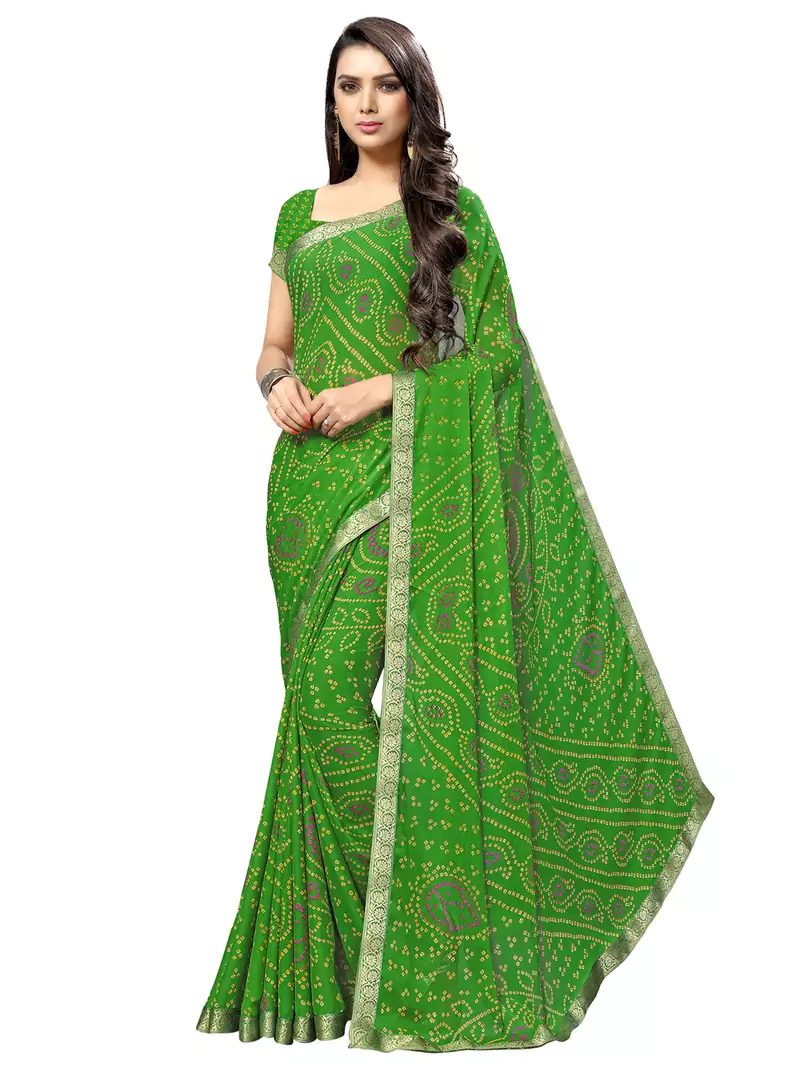 Green printed chiffon saree with blouse