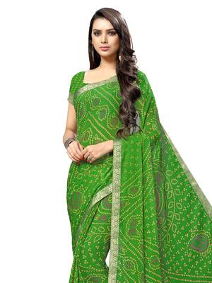 Green printed chiffon saree with blouse 2