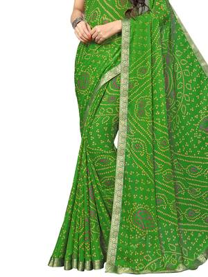 Green printed chiffon saree with blouse 3