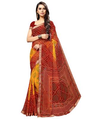 Red printed chiffon saree with blouse 1