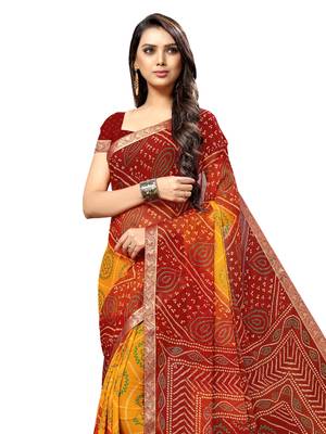 Red printed chiffon saree with blouse 2