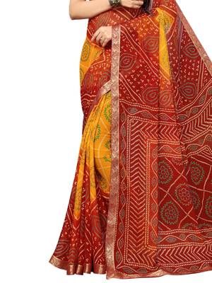 Red printed chiffon saree with blouse 3