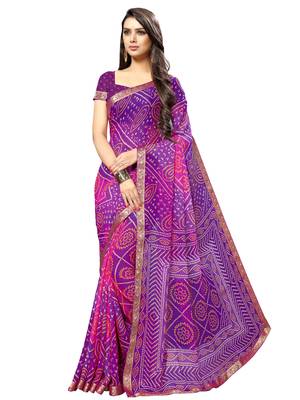 Purple printed chiffon saree with blouse 1