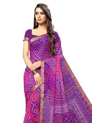 Purple printed chiffon saree with blouse 2
