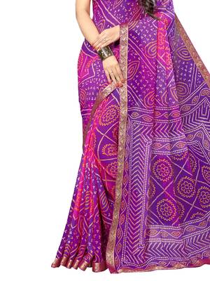 Purple printed chiffon saree with blouse 3