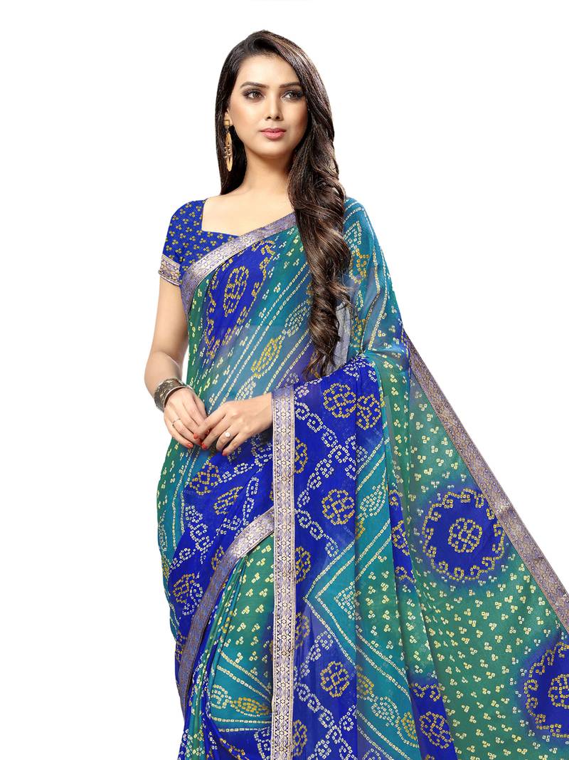 Women's Chiffon Light Blue Printed Designer Saree With Blouse Piece