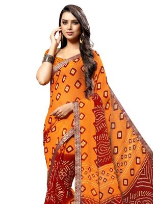 Yellow printed chiffon saree with blouse 2