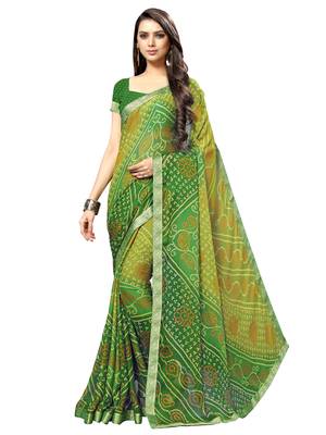 Green printed chiffon saree with blouse 1