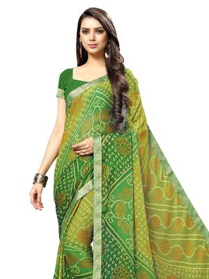 Green printed chiffon saree with blouse 2