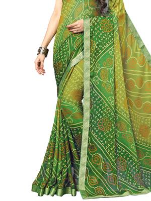 Green printed chiffon saree with blouse 3