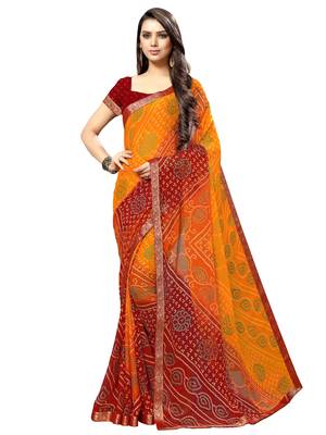Yellow printed chiffon saree with blouse 1
