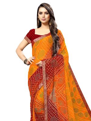Yellow printed chiffon saree with blouse 2