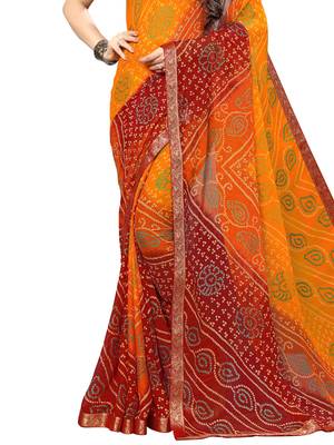 Yellow printed chiffon saree with blouse 3