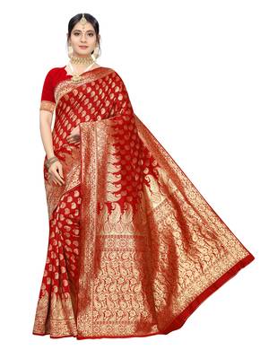 Red woven poly silk saree with blouse 1