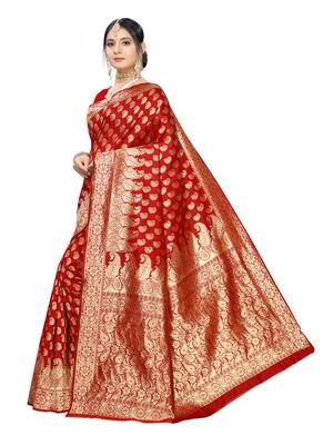 Red woven poly silk saree with blouse 2