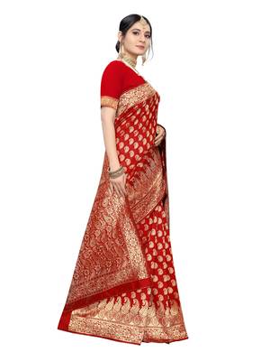 Red woven poly silk saree with blouse 3