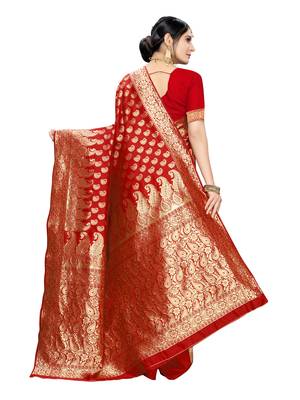 Red woven poly silk saree with blouse 4