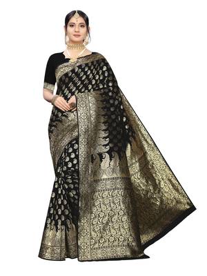 Black Woven Poly Silk Saree With Blouse 1