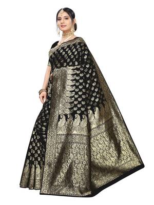 Black Woven Poly Silk Saree With Blouse 2