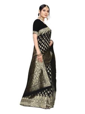 Black Woven Poly Silk Saree With Blouse 3