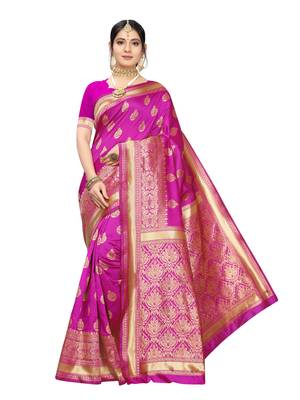 Pink woven poly silk saree with blouse 1