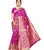 Pink woven poly silk saree with blouse