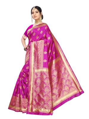 Pink woven poly silk saree with blouse 2
