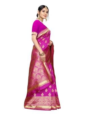 Pink woven poly silk saree with blouse 3