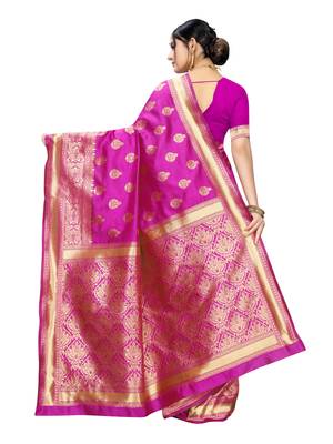 Pink woven poly silk saree with blouse 4