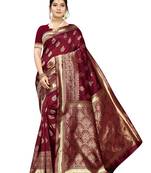 Maroon Woven Poly Silk Saree With Blouse