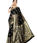 Black woven poly silk saree with blouse