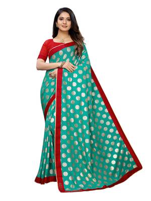 Turquoise Printed Lycra Saree With Blouse 1