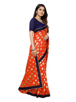 Orange Printed Lycra Saree With Blouse 3