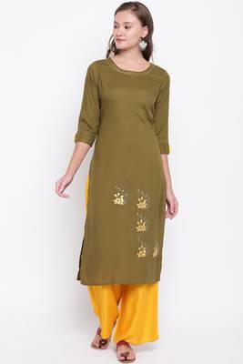women's embroidered/solid straight rayon mehendi green kurti 1
