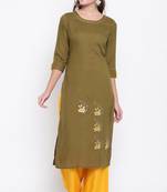 women's embroidered/solid straight rayon mehendi green kurti