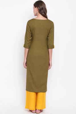 women's embroidered/solid straight rayon mehendi green kurti 2