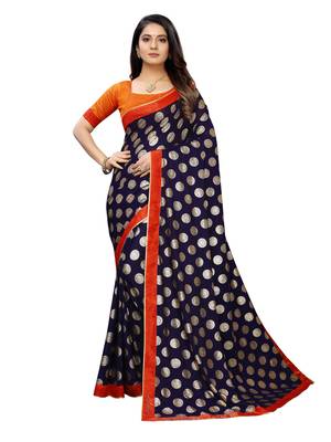 Navy Blue Printed Lycra Saree With Blouse 1