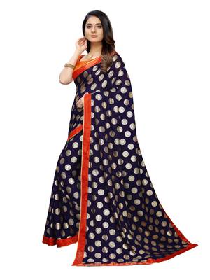 Navy Blue Printed Lycra Saree With Blouse 2