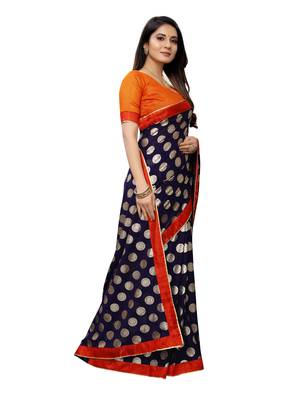Navy Blue Printed Lycra Saree With Blouse 3