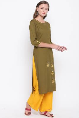 women's embroidered/solid straight rayon mehendi green kurti 3