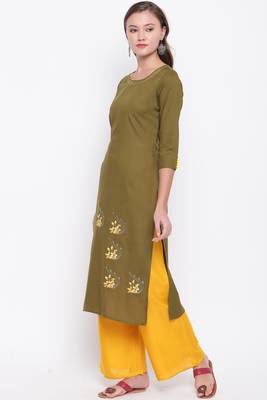 women's embroidered/solid straight rayon mehendi green kurti 4