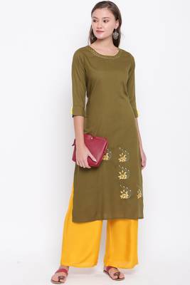 women's embroidered/solid straight rayon mehendi green kurti 6