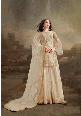 Beig Net With Heavy Embroidery Work Plazzo Pakistani Suit 1