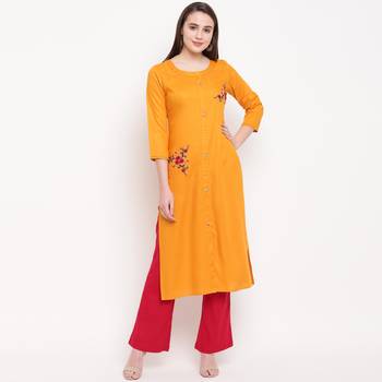 women's embroidered/solid straight rayon yellow kurti 1