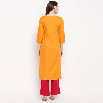 women's embroidered/solid straight rayon yellow kurti 2