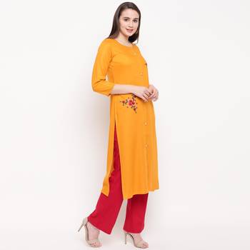 women's embroidered/solid straight rayon yellow kurti 3